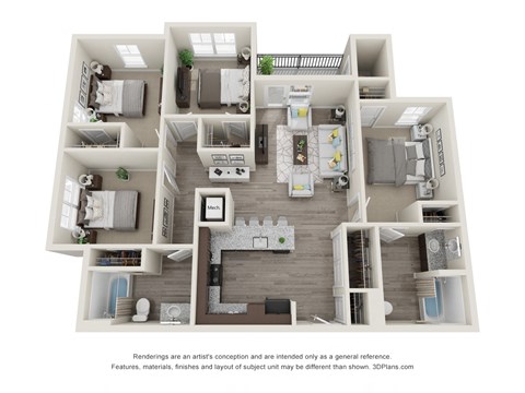 Floor plan for 4 beds, 2 baths, 1278 sqft
